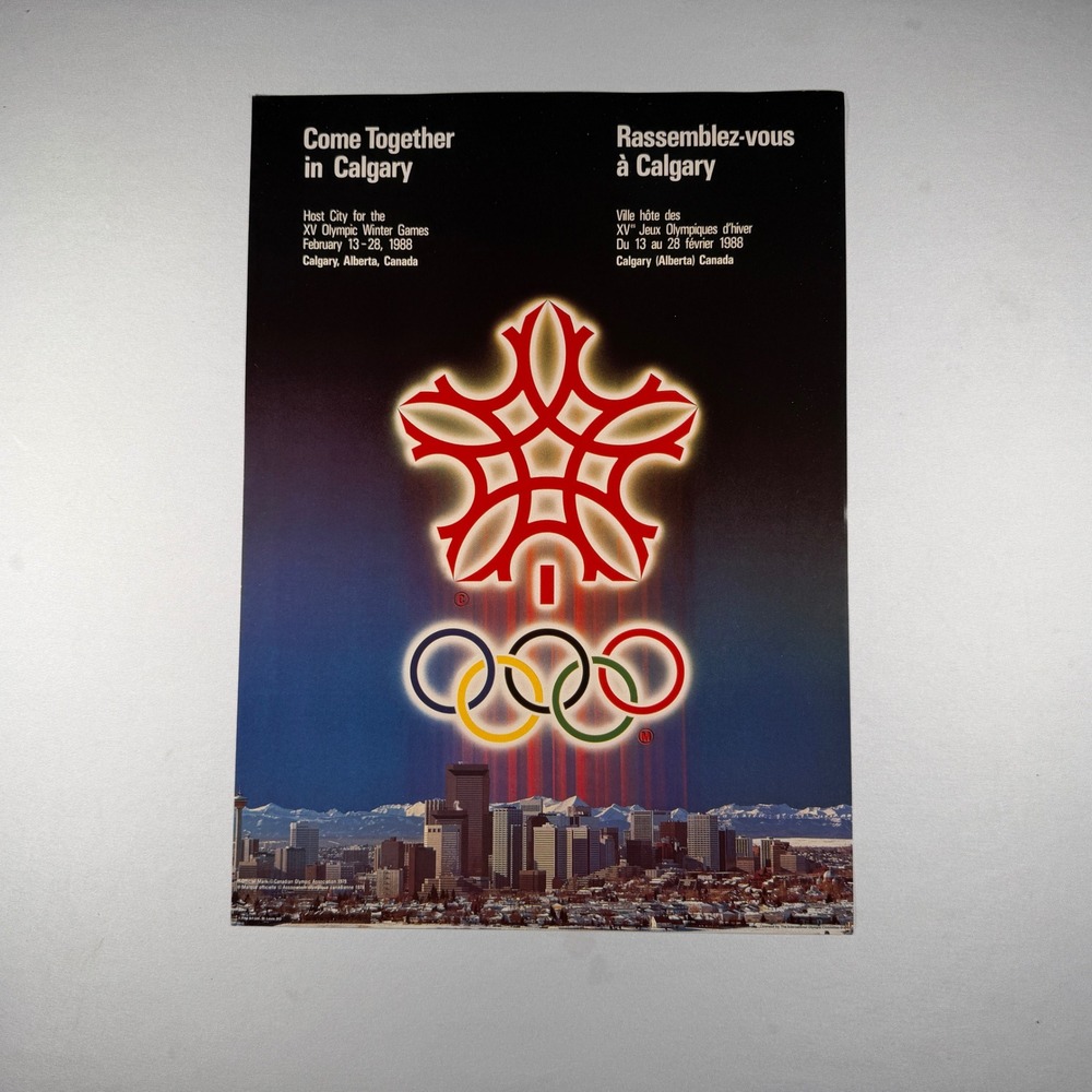 1988 Calgary Winter Olympics Poster IOC Repro Canada Skyline 13x18 Maple Leaf